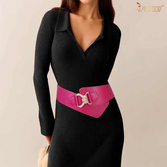 Women\'s Wide Elastic Stretch Waist Belt Adjustable Dress Belt Hot Pink Gold main image 6